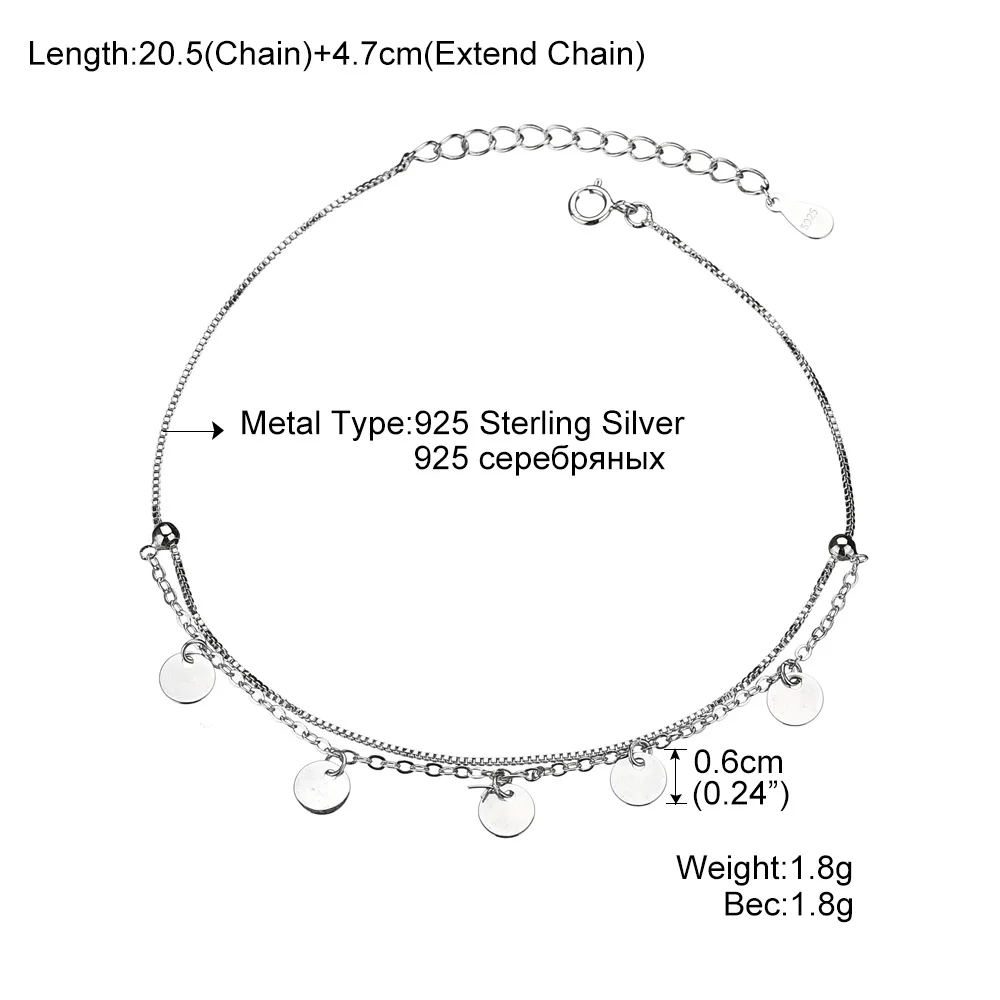 925 пробы Серебряный ножной браслет, многослойный круглый ящик, цепочка, браслеты для женщин, модный браслет для девушек
