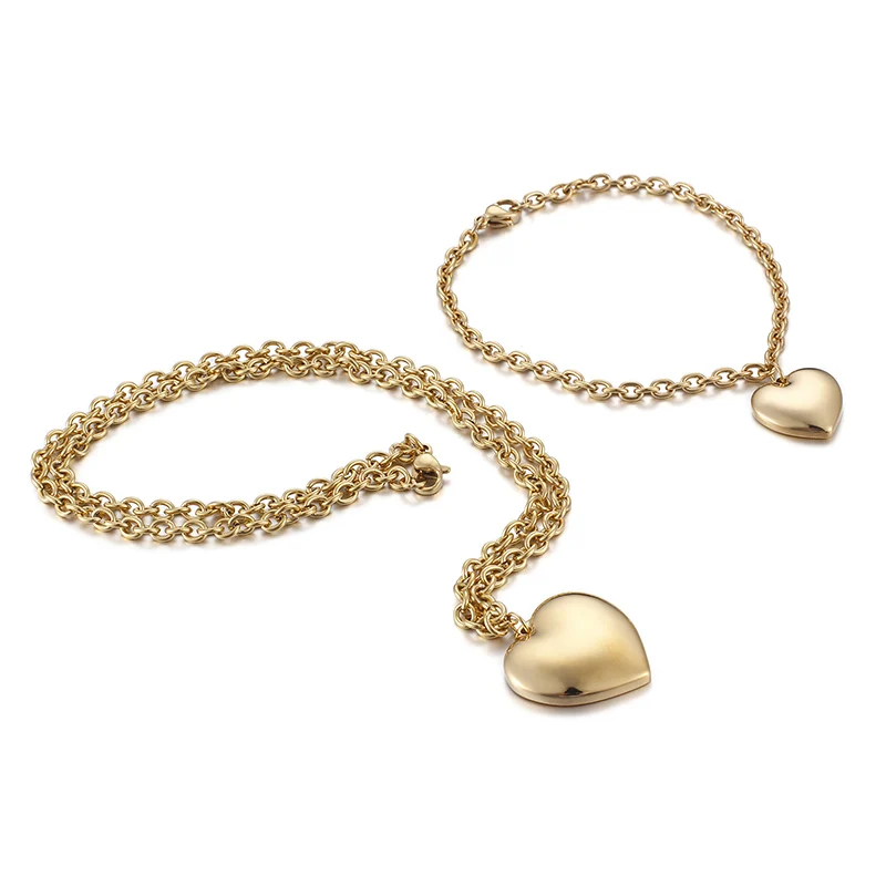 

2017 New Fashion Ladies Love Jewelry Set Stainless Steel Gold-Color Chain Heart Necklace & Bracelet for Women Love Gift