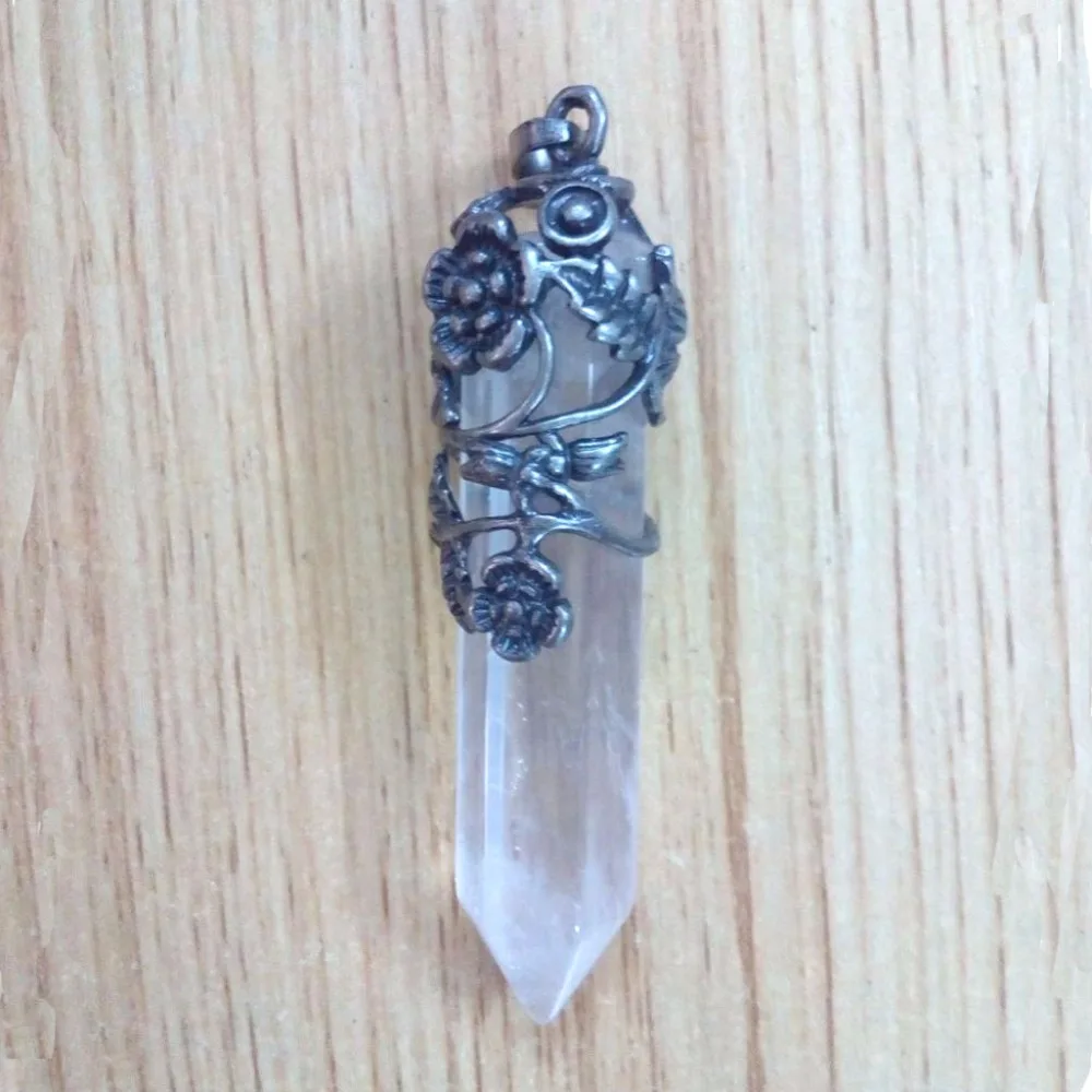 

100-Unique Popular Copper Hexagonal Prism Natural Rock Crystal Inlay Flower Leaf Pendant Fashion Jewelry