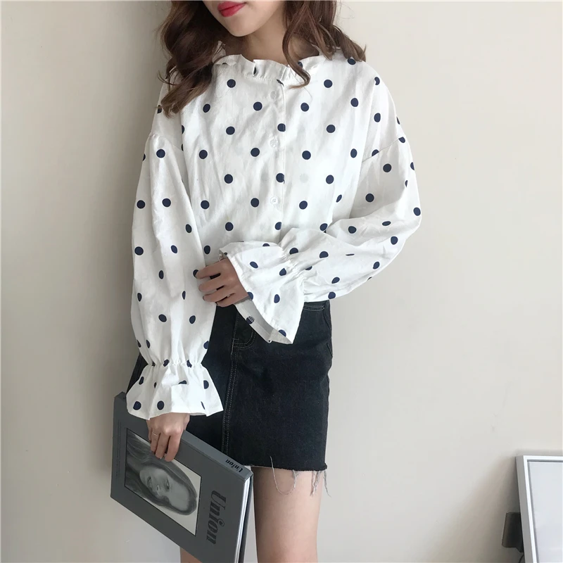 

long sleeve women blouse shirt fashion 2022 women's clothing sweet Stand black dot white Butterfly sleeve feminine tops blusas