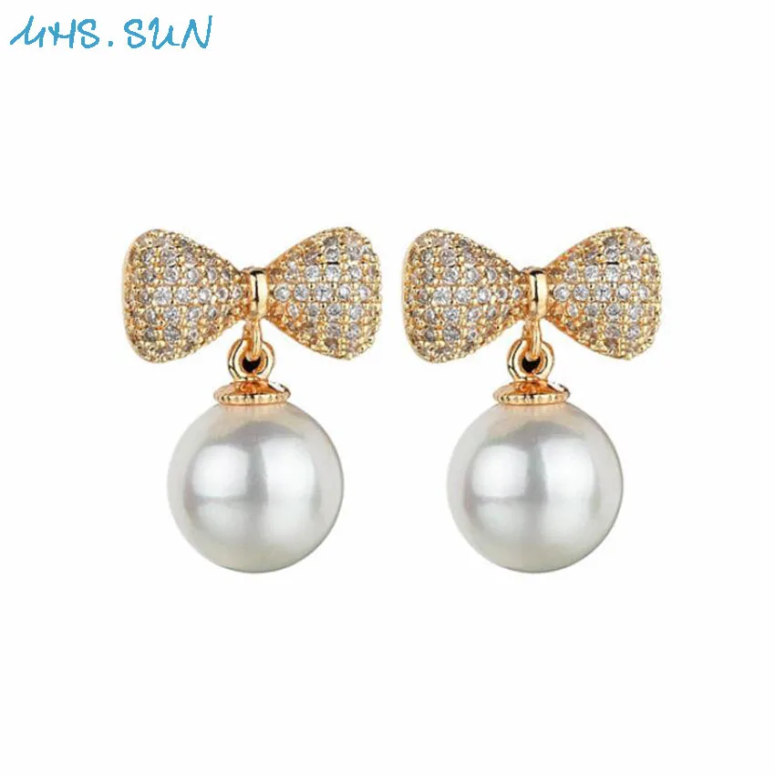 

MHS.SUN Fashion zircon earrings crystal pearl bow earrings goldsilvergrey color women christmas gift fashion ear stud brincos