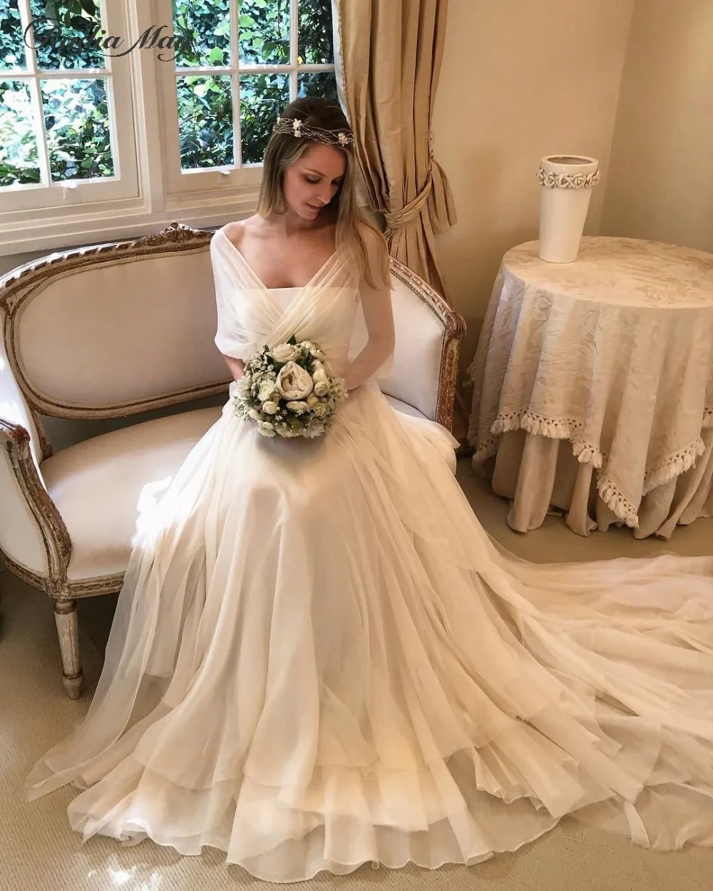 Boho Ivory Chiffon Country Western Wedding Dresses with Cap Sleeves Sexy V-Neck Backless Beach Garden Wedding Dress 2019 Vintage Boho Ivory Chiffon Country Western Wedding Dresses with Cap Sleeves Sexy V-Neck Backless Beach Garden Wedding Dress 2019 Vintage