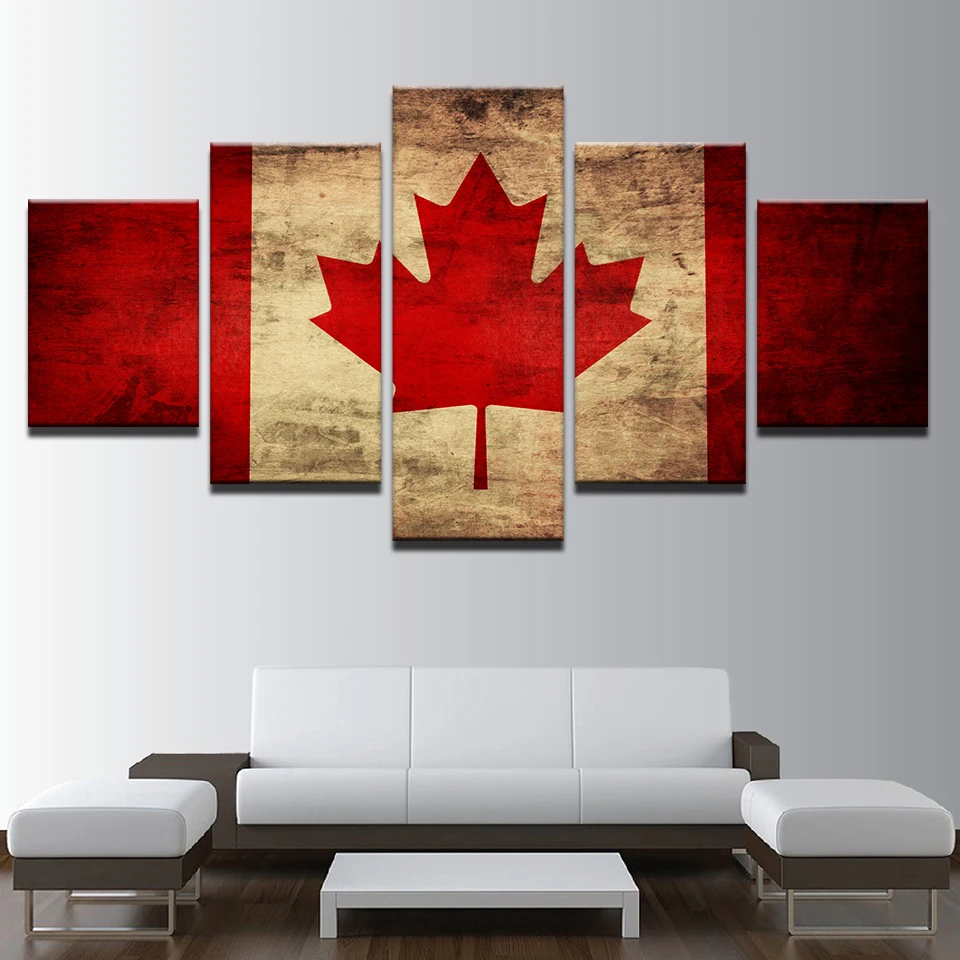 HD Canvas Oil Painting Home Decorative 5 Panel Canada Flag Modular