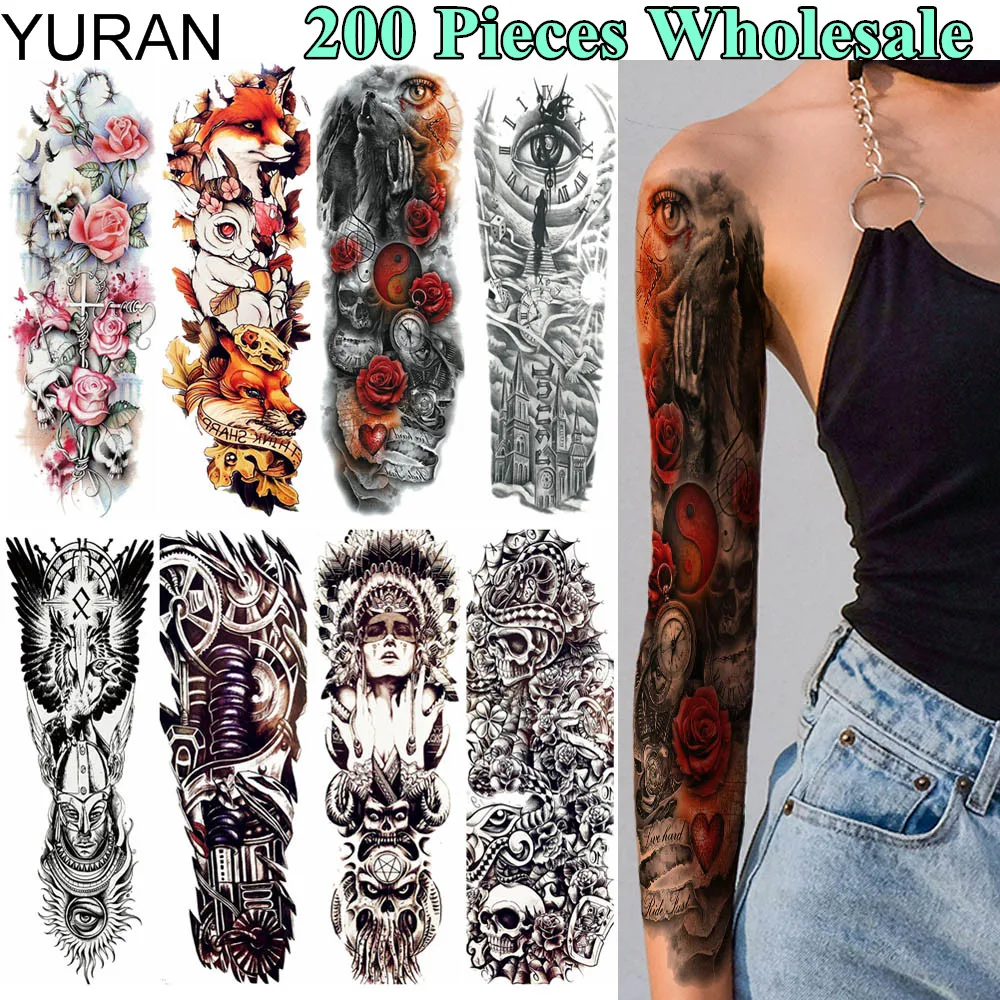 

YURAN 200 Pieces Wholesale 48x17CM Body Art Tattoo Temporary Full Arm Skull Fox Tatoo For Men Women Fake Tattoo Sticker Supplies