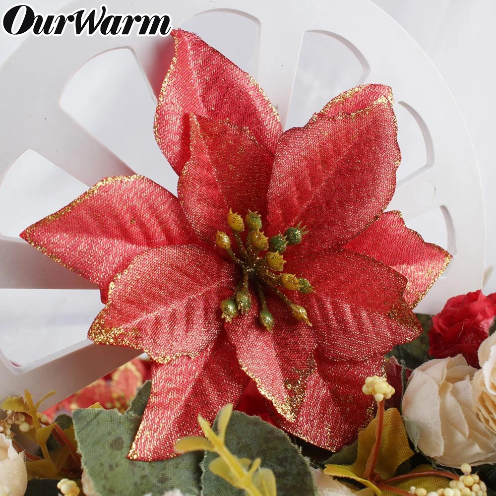 

OurWarm 10pcs Red/Gold Santa Artificial Flower Christmas Glitter Powder Flower for Home Christmas Tree Ornaments New Year Decor