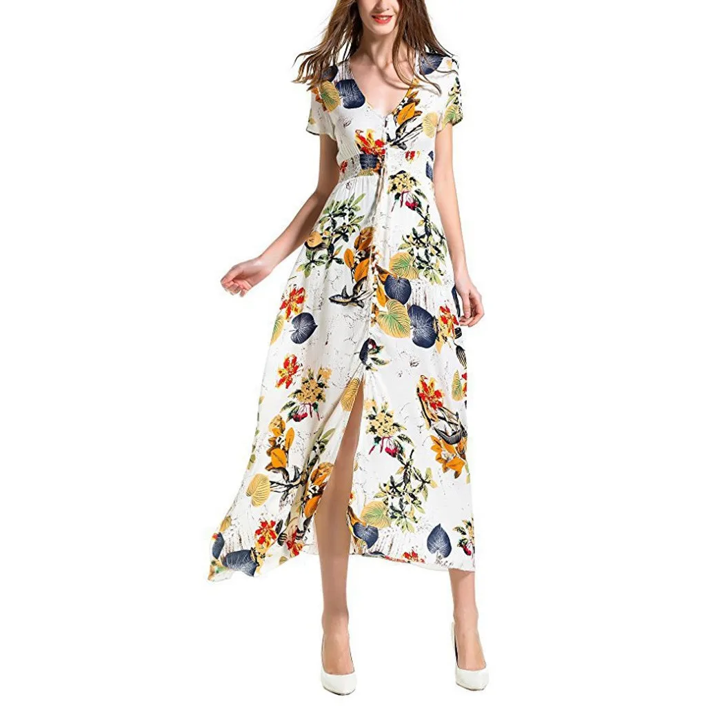 

2019 Summer Women Dress Bohemian Cotton Floral Printed Button Up Short Sleeve Split Flowy Party Long Dress Sundress L509
