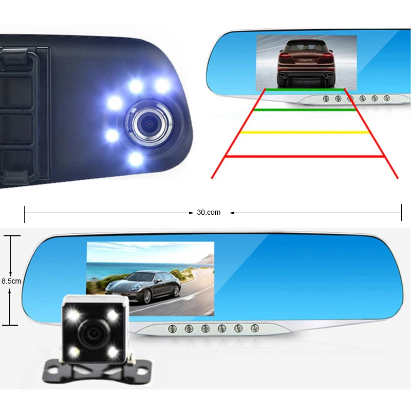 E-ACE Automotive Car Camera Dvr Night Vision 5 Led Lights Dash Cam Rear View Mirror Dvr Two Camera Registrator Camcorde Car Cams