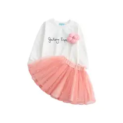 Летняя детская одежда для девочек сладкий цветок с длинным рукавом Футболка с надписями Топы + Тюлевая юбка комплект одежды платье
