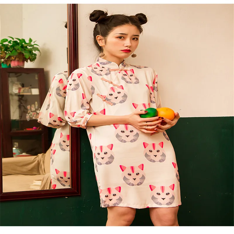 

Three Quarter Sleeve Cute Cat Print Chiffon Cheongsam Women Dress 2019 New Fashion Modified Casual Loose Dress for Female
