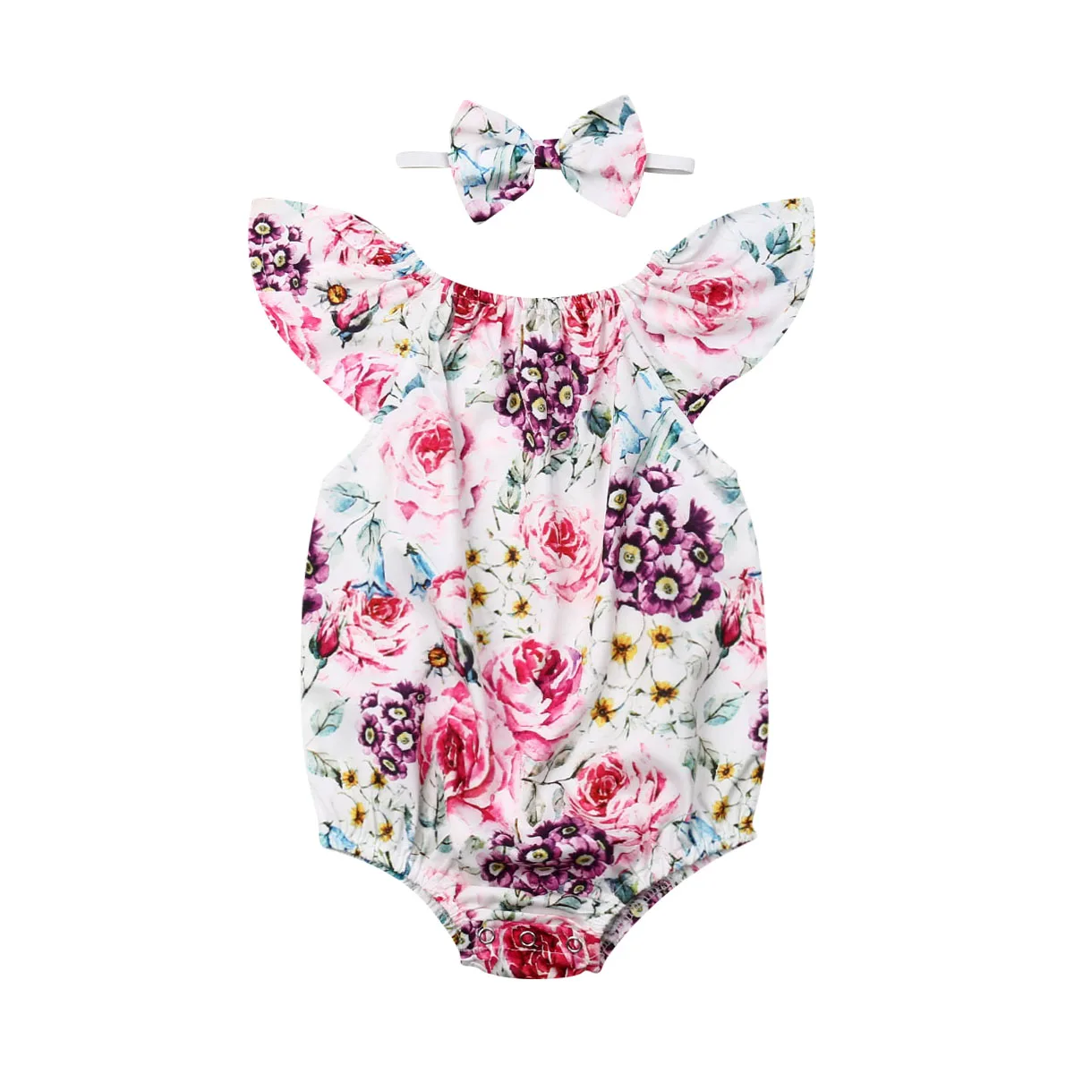 

New Summer Girls Clothes Baby Floral Bodysuit Jumpsuit Headband Set