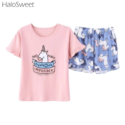 

Summer Cotton Sleepwear Women Unicornio Cute Unicorn Pajamas Female Home Clothes For Women Shorts Suits Clothes Kawai Two Piece