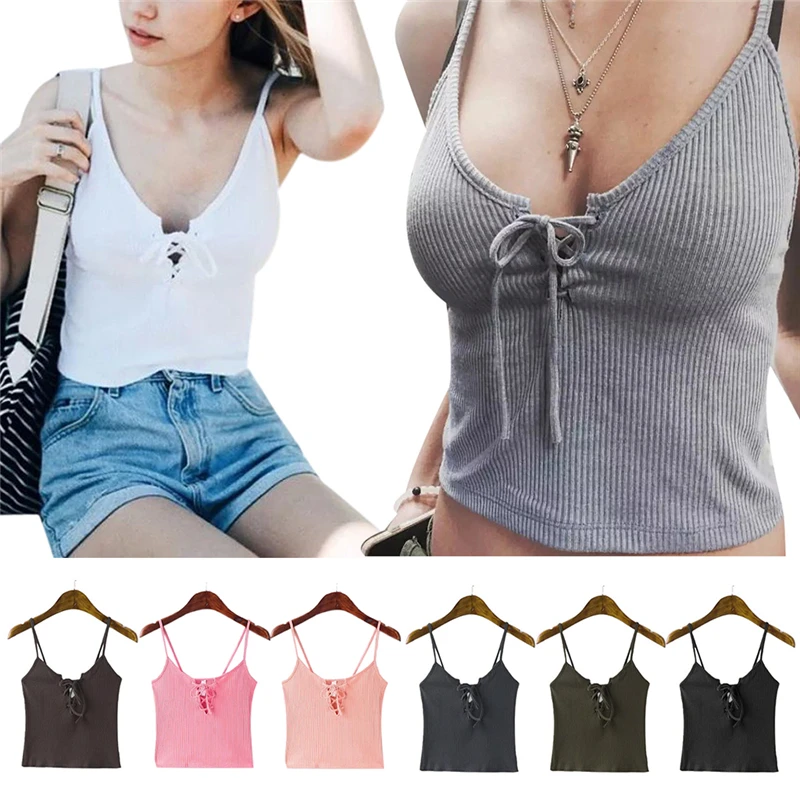 

Women Camis Front Cross Lacing Up Strappy Bustier Crop Top Tank Bralette Ropa
