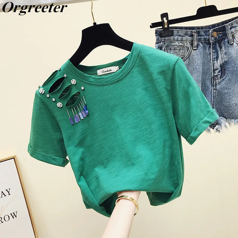 

2019 Summer New loose short-sleeved T-shirt Women's INS Fashion Hollow Hole Diamond Beading Solid Casual Cotton Tshirt Tops