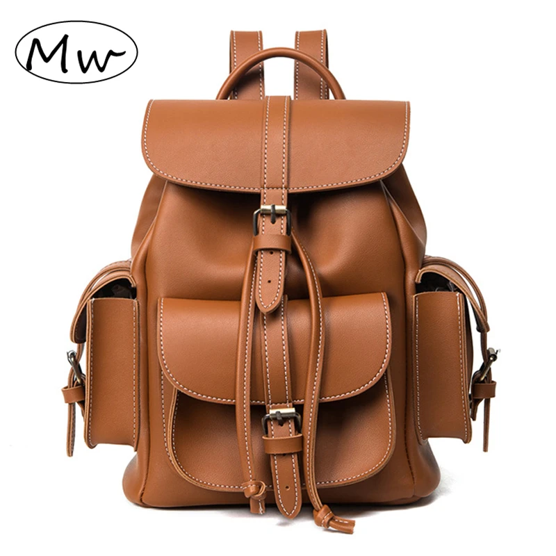 

Moon Wood Retro Backpack Female PU Leather British Style Solid Drawstring Flip Buckle Backpack Students Travel Back Pack 2019
