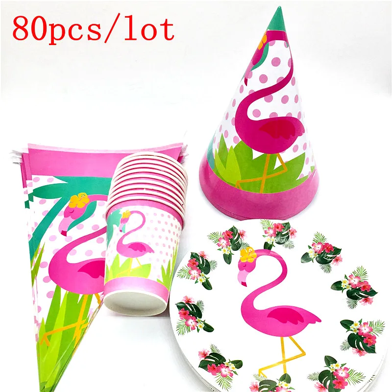 

Party Tableware Paper Plate Flags Caps Cups For Kid Flamingo Cartoon Theme Birthday Party Supplies Decoration Party Set 80PCS