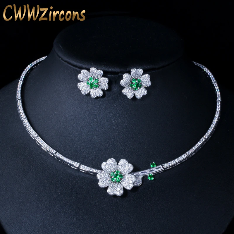 CWWZircons CZ Dark Blue Flower Necklace Earring Costume Jewelry Sets for Women