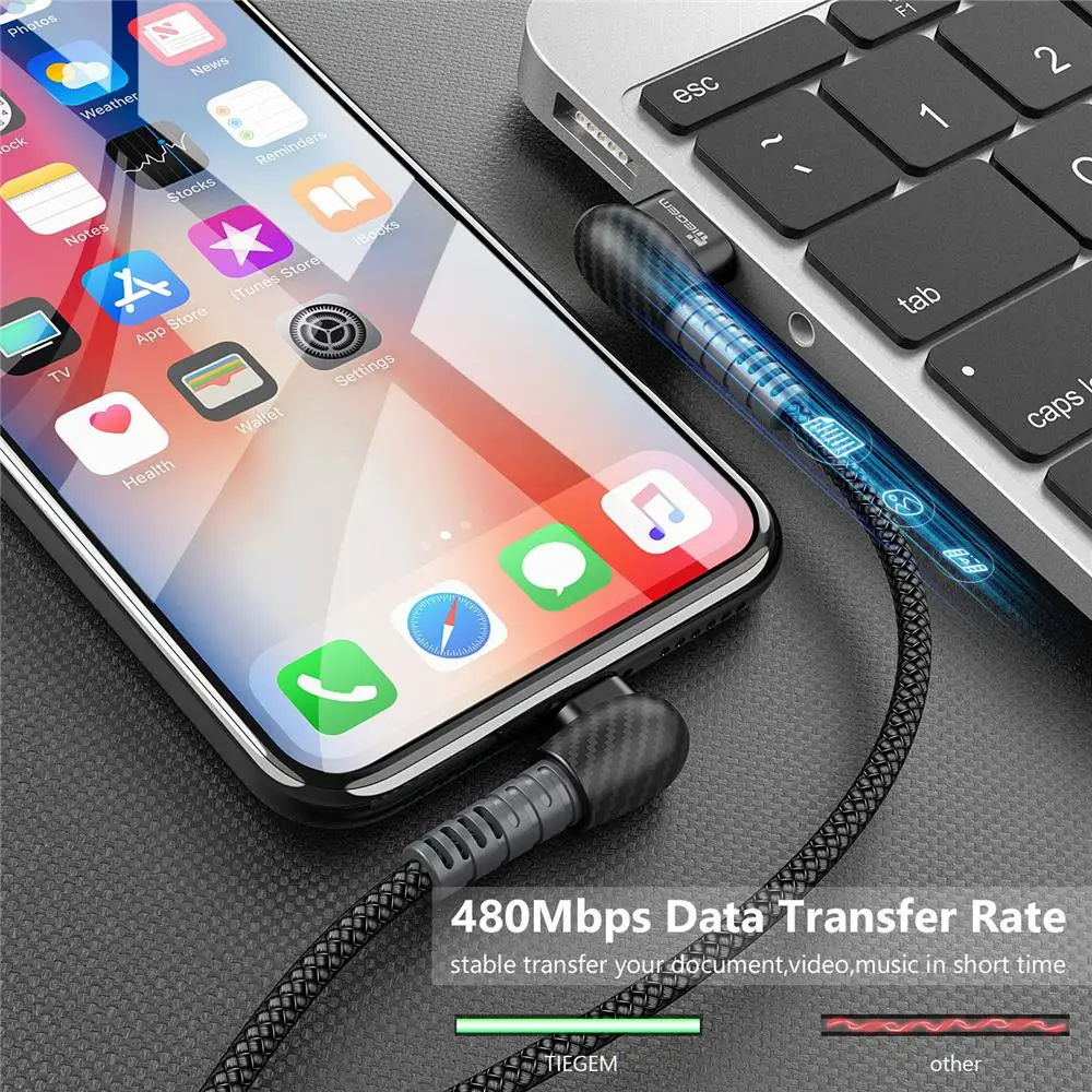 USB кабель TIEGEM для iPhone 8 7 6 Plus 6s 5 5s SE X iPad 2 Mini 90 градусов кабели быстрой зарядки шнур