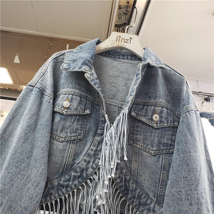 Весенне-осенняя новая Корейская женская джинсовая короткая куртка Модные нестандартные куртки с кисточками для груди женские универсальные базовые пальто для девочек