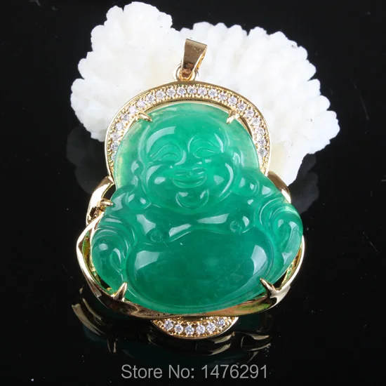 Превосходный камень имитация зеленый нефрит Будда инкрустированные горный хрусталь кулон 1 шт