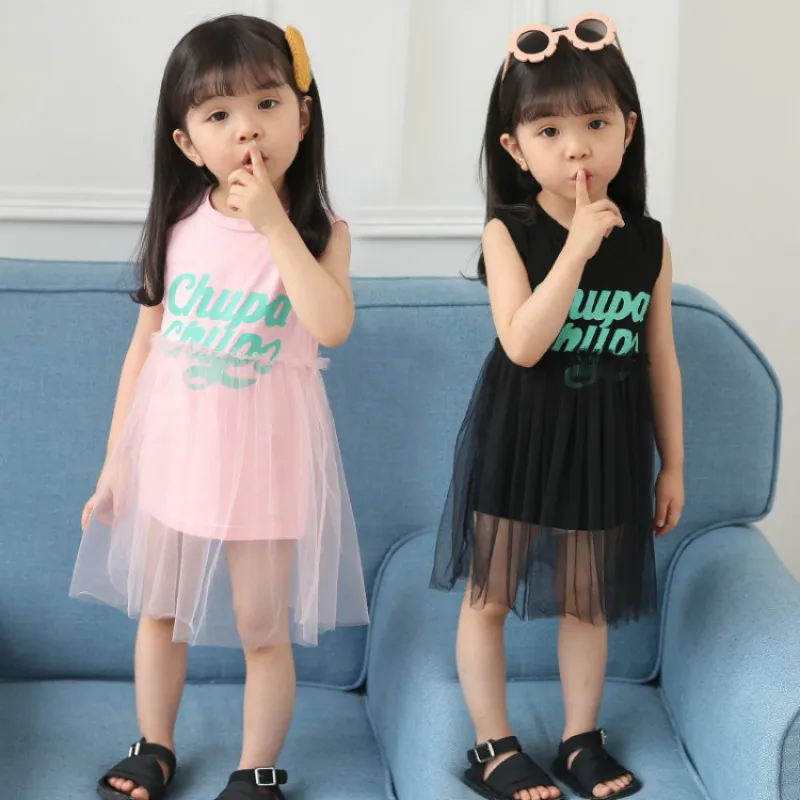 

Baby Girl Dresses Summer Kids Vest Mesh Dress for Girls Letter Sleeveless Cotton Princess Dresses Korean Fashion Girls Clothes