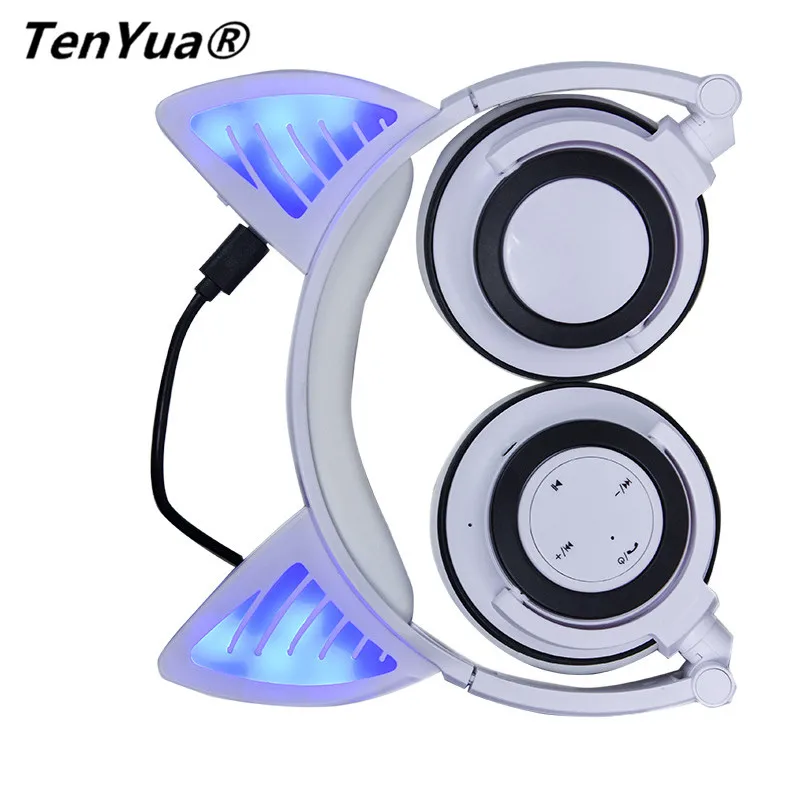 TenYua Wireless Bluetooth Cat Ear Headphones Foldable Gaming Headset Earphone with Glowing Light Halloween Gift for Girls Kids