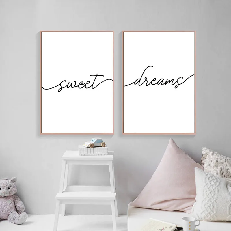 Us 2 4 56 Off Sweet Dreams Print Poster Children Bedroom Decor Modern Black White Minimalist Canvas Painting English Quote Prints Hd2447 In