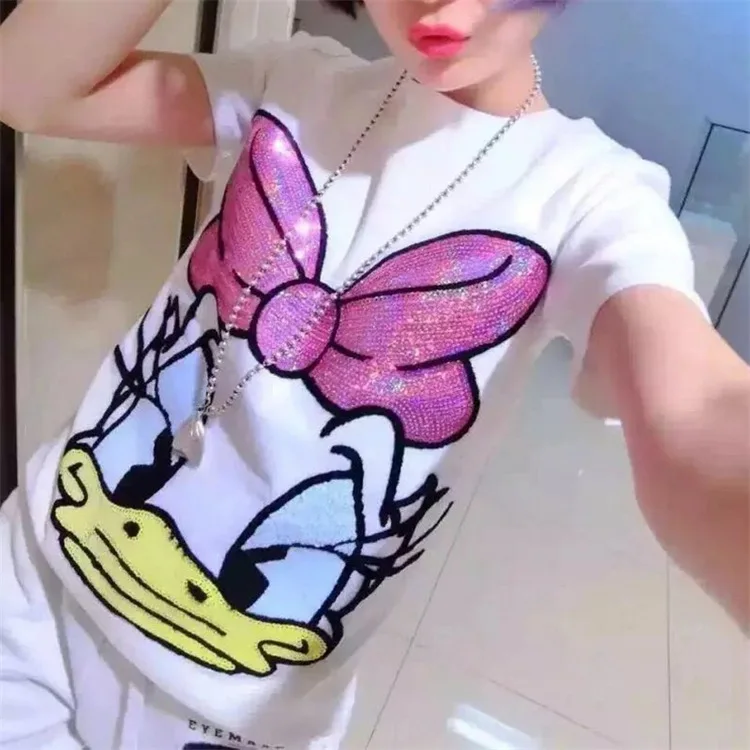 

Women shirt Daisy Duck Sequin Cotton Shirts Plus Size Short O-Neck Donald Duck Funny Cartoon T Shirt 2019