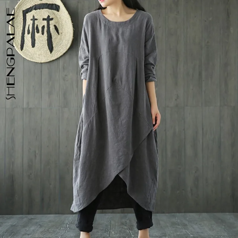 

SHENGPALAE 2019 New Spring Plus Size Dresses Round Collar 4XL Long Sleeve Personality Irregular Women Casual 5XL Dress FF051