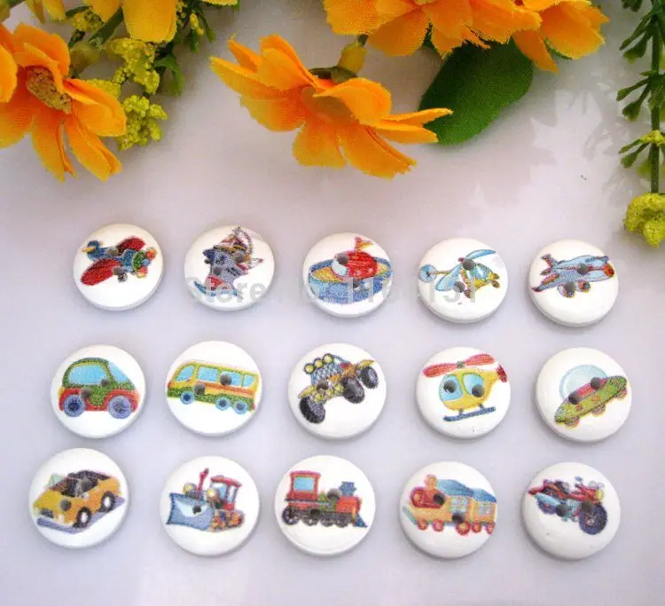 mix 150 pcs/lot Print cartoon Car Wood Decorative buttons 2 Holes 15mm Sewing Scrapbooking Crafts botoes Clothing accessories | Дом и сад