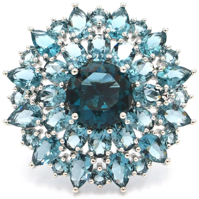

6.5# SheCrown Deluxe London Blue Topaz White CZ Present Silver Ring 32x32mm