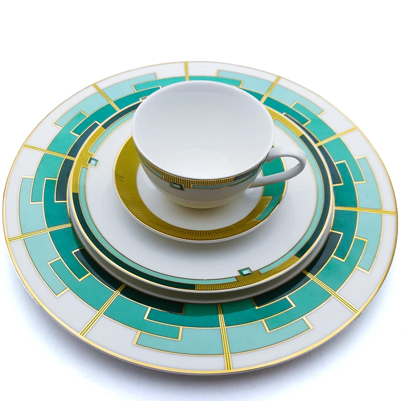 Набор обеденной тарелки с кофейной кружкой, керамические столовые приборы, набор посуды из фарфора, зеленый Шашка, блюдо для стейка, посуда, плоская тарелка, 11 дюймов