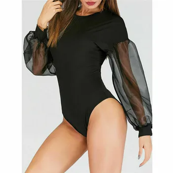 

Women Mesh Long Sleeve Jumpsuit Ladies Lantern Sleeve Black Bodysuits Transparent Bodysuits Female Solid Color Summer Bodysuits