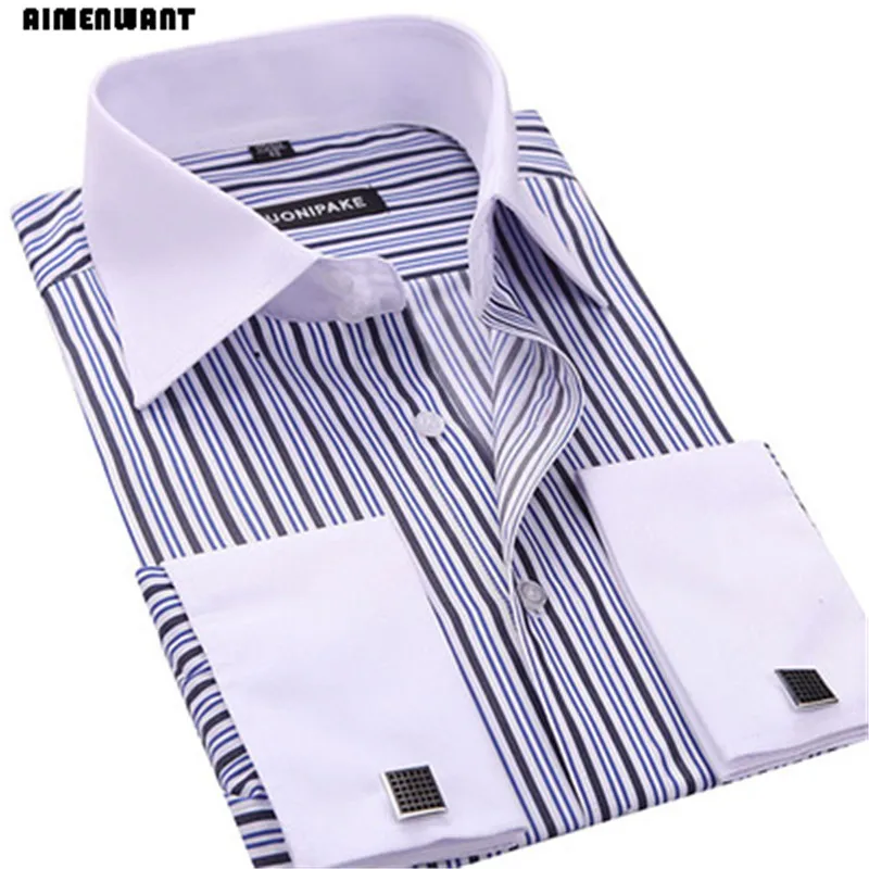 Spring Business Shirt Mens Long Sleeve Slim Fit French Cuff Shirts Luxury Formal Checked Tees For Gifts