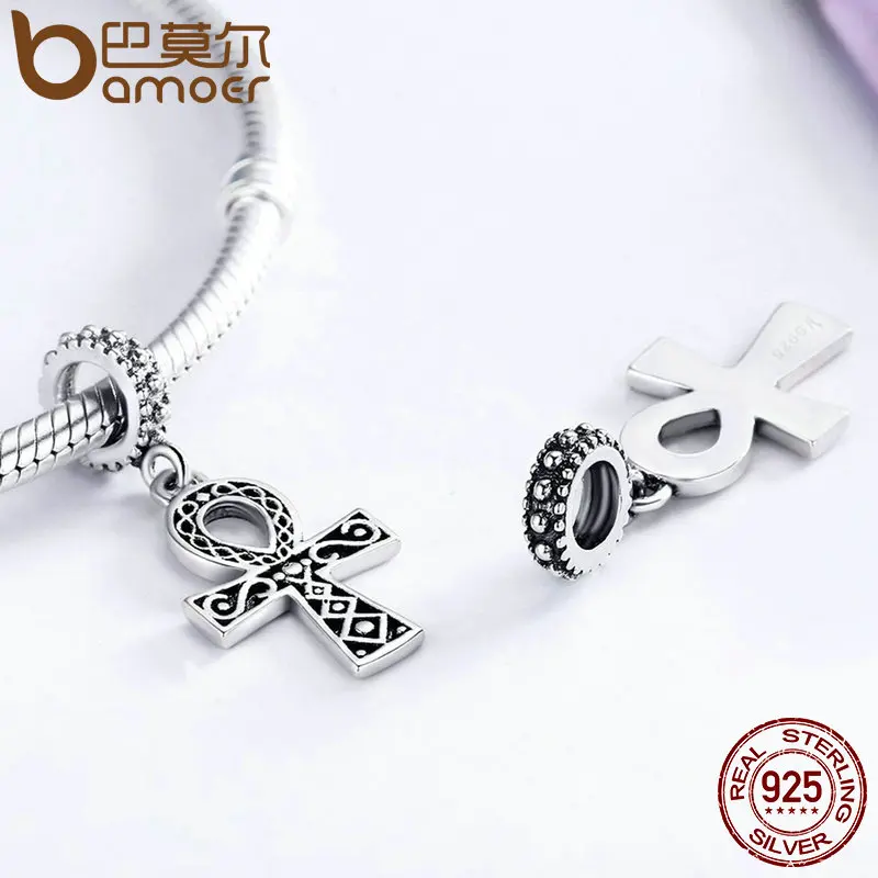 BAMOER Authentic 925 Sterling Silver Classic Power of Faith Cross Dangle Charms Fit Bracelets DIY Jewelry Making S925 SCC185