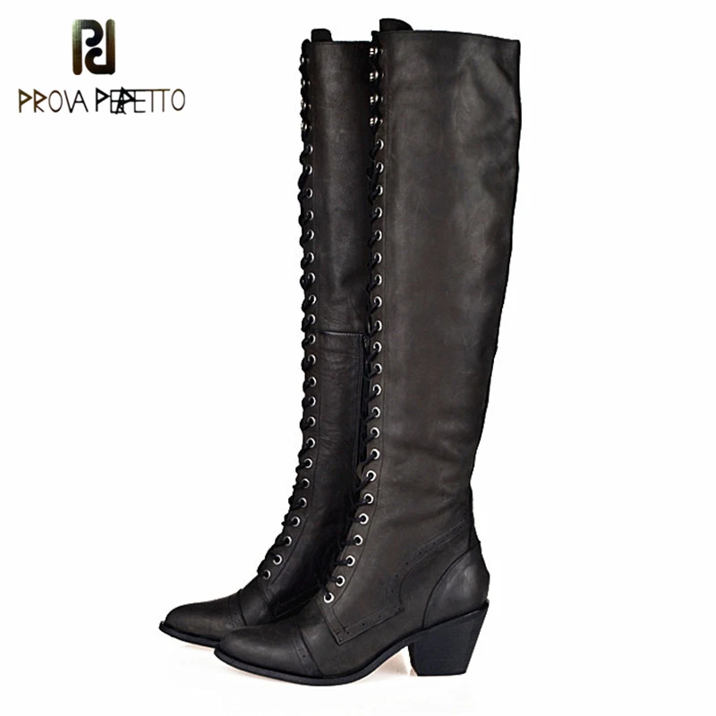 

Prova Perfetto 2017 NEW Genuine Leather Women Over The Knee Boots Lace Up Sexy Spike Heels Women Boot Soild Winter Warm Casual