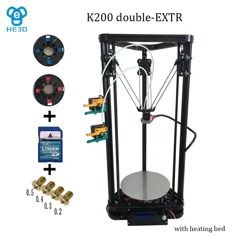 2017 New updated Reprap Dual Extruder nozzle head K200 delta 3d printer DIY kit with heatbed