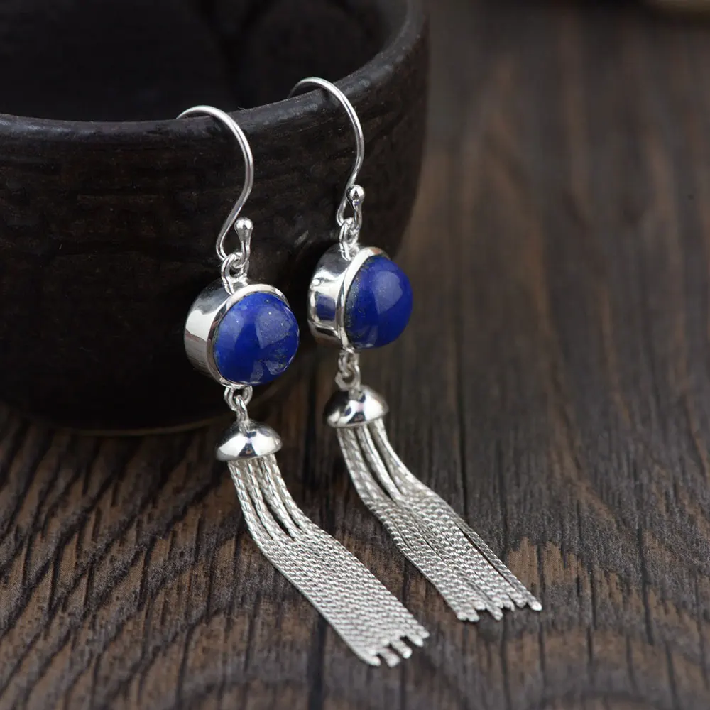 FNJ 925 Silver Tassel Earrings for Women Jewelry Lapis Lazuli Blue Stone 100% S925 Sterling Silver boucle d'oreille Drop Earring FNJ 925 Silver Tassel Earrings for Women Jewelry Lapis Lazuli Blue Stone 100% S925 Sterling Silver boucle d'oreille Drop Earring