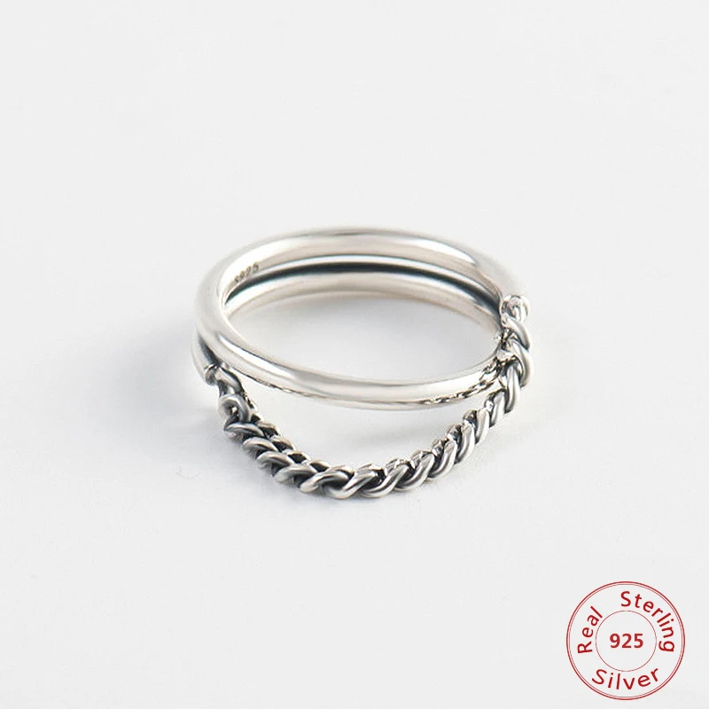 

S925 Sterling Silver Korean Rings for Women Thai Silver Retro Ring Double Chain Adjustable Size Gift Accessories