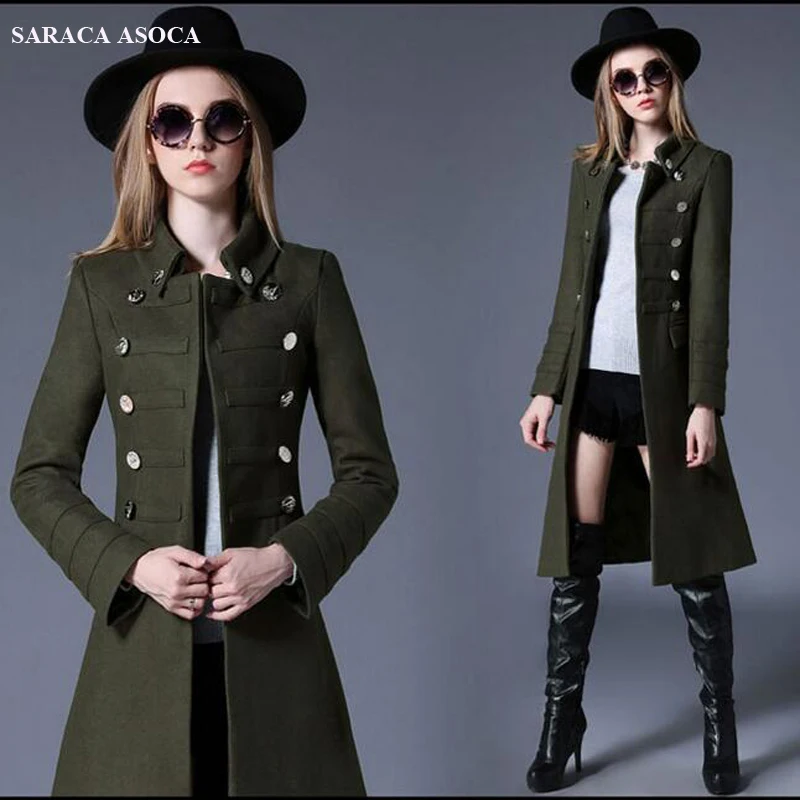 

Fashion Office Lady Slim Overcoat Autumn Winter Jacket Double Breasted Mandarin Collar Long Coat For Grils