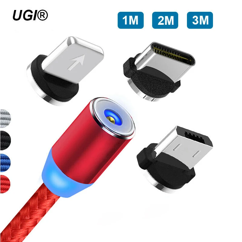 1 м 2 3 360 градусов светодиодный круглый нейлоновый Магнитный Micro USB/Type C/IOS кабель