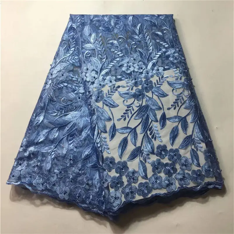 

African Embroidery French Lace Fabric Blue Color Nigerian Mesh Net Lace Material with beads for Party Dress Making-LO30