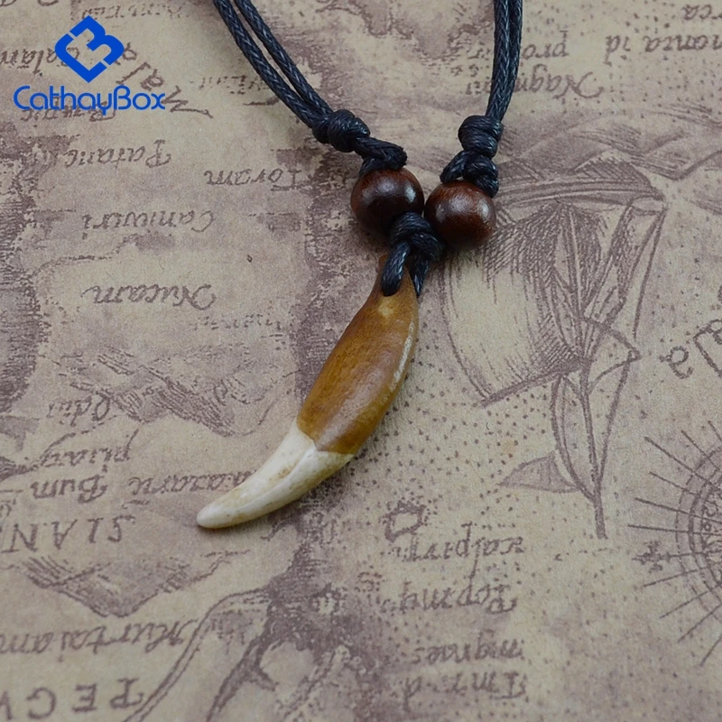 Men Tribal Wolf Tooth Charm Pendant Necklace Vintage Look Teeth Jewelry Adjustable Black Cord CB03B015