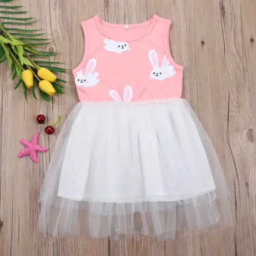 Sleeveless Tulles Dress Summer Kids Baby Girls Rabbit Lace Party Toddler Children Fashion Clothes | Детская одежда и обувь