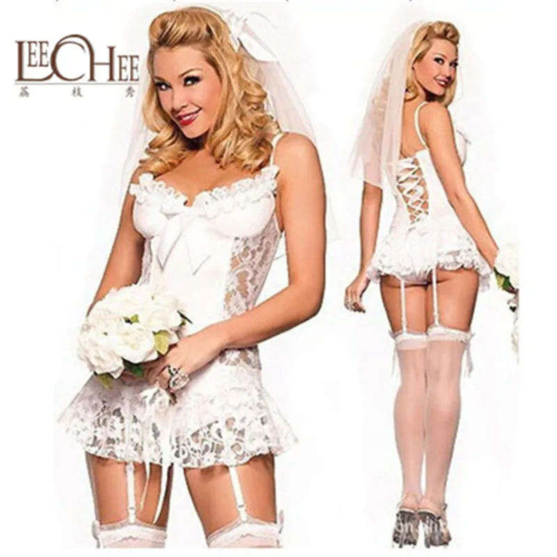 

Europe and the United States Sexy Lingerie White Lace Bridal Wedding Suits with Garter Buckle Perspective Sexy Pajamas YQ001