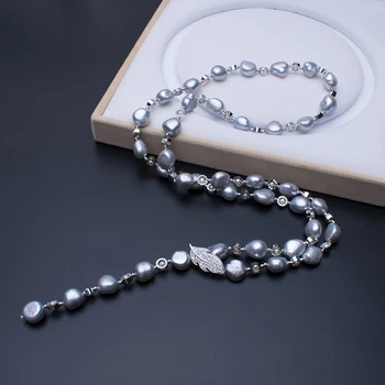 

10-12mm Baroque Grey Pearl Necklace With Leaf Pendant Clasp Elegant&Fashion Keshi Pearl Necklace Customized Pearl Necklace