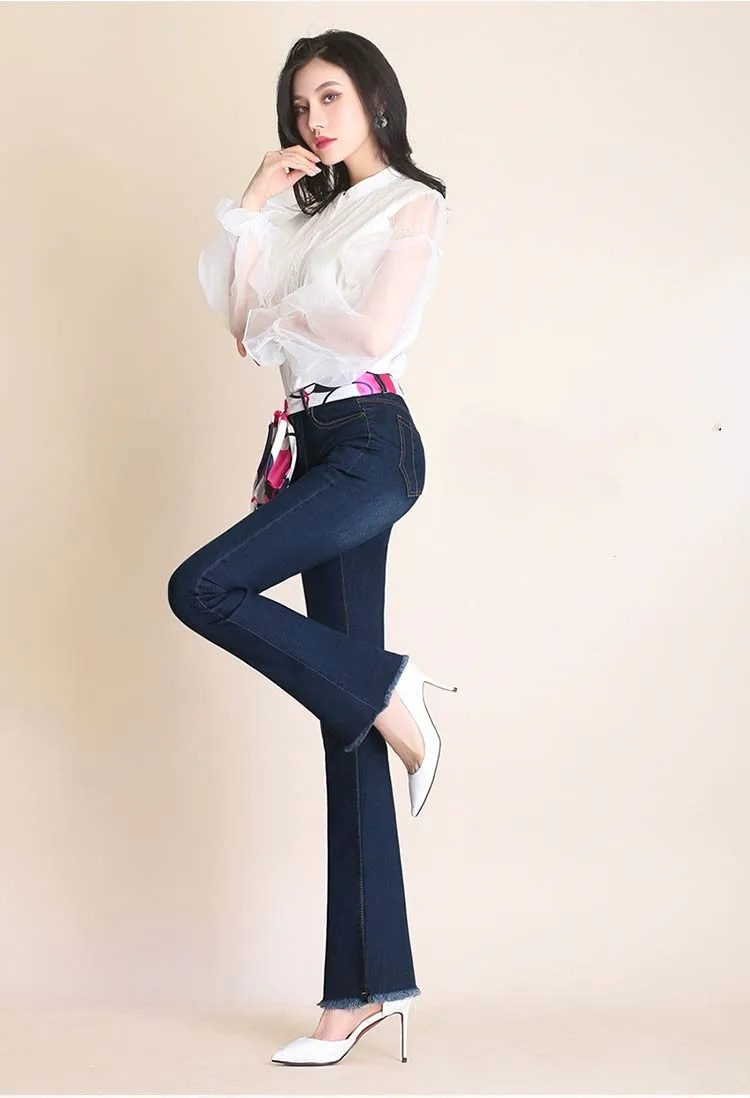 Высококачественные Женские расклешенные джинсы с высокой талией, модные женские широкие брюки в китайском стиле, джинсовые брюки с лентой