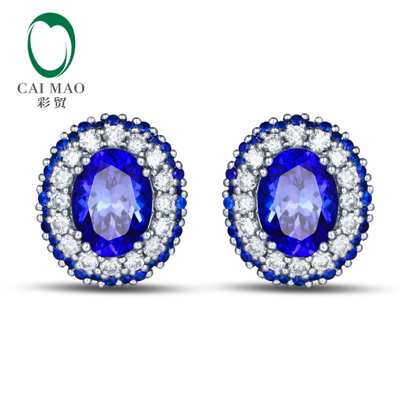 CaiMao 18KT/750 White Gold 2.68ct Natural Blue Tanzanite 0.62 ct Round Cut Diamond 0.42ct Sapphire Engagement Earrings Jewelry