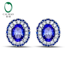 CaiMao 18KT/750 White Gold 2.68ct Natural Blue Tanzanite 0.62 ct Round Cut Diamond 0.42ct Sapphire Engagement Earrings Jewelry