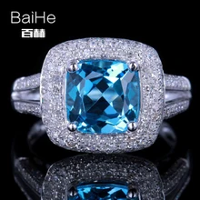 BAIHE Sterling Silver 925 2.3CT Certified Cushion Flawless 100% Genuine Blue Topaz Engagement Women Classic Fine Jewelry Ring