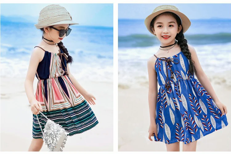 Children Girls Dresses 3-12Y Retro Style Slip Dresses Stripe Maxi Dresses